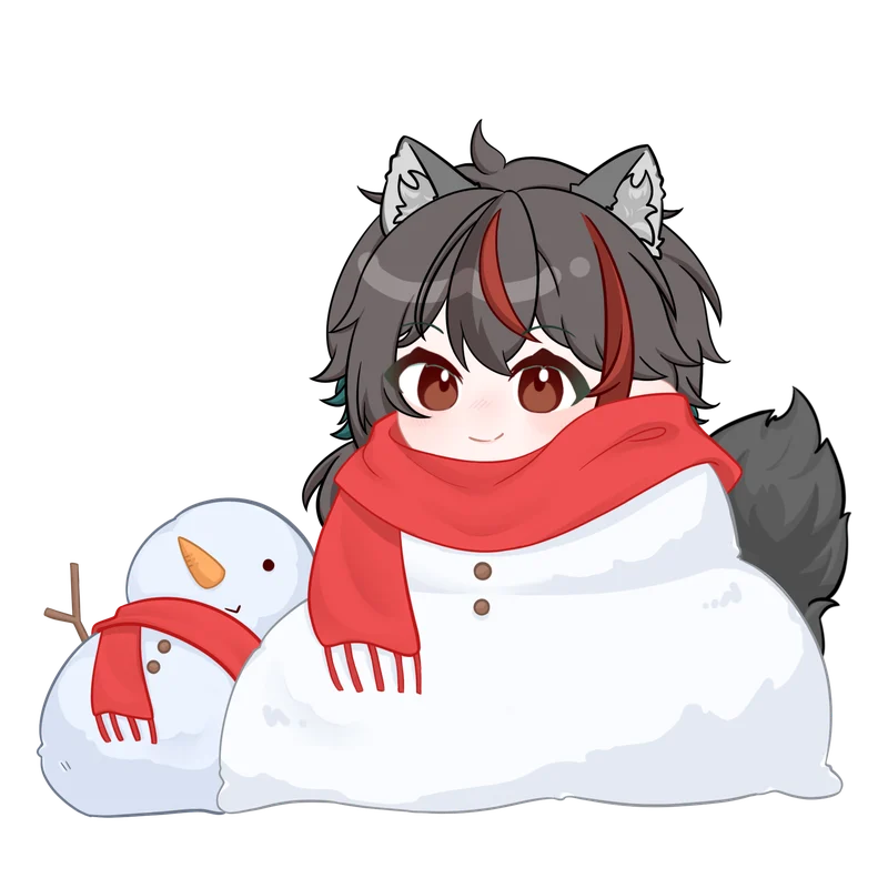冬天的森嵜光：圍著紅圍巾坐在雪人旁